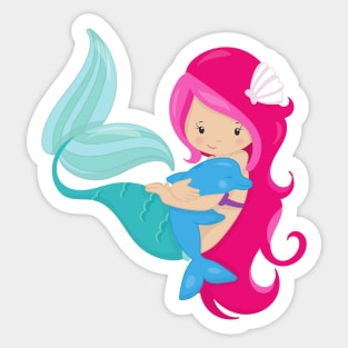 Cute Mermaid, Little Mermaid, Pink Hair, Dolphin Sticker